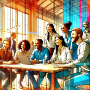 A diverse group of smiling employees collaborating in a bright, open office space. The image is in a vibrant, abstract style similar to modern pop art