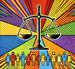 pop-art style image symbolizing equal opportunities in the workplace, featuring interconnected figures and scales of justice in vibrant, contrasting colors. The design reflects inclusivity, fairness, and unity, with a dynamic background typical of the pop-art aesthetic.