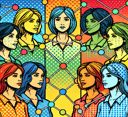 A pop-art style image representing the concept of sisterhood and inclusion in the workplace, featuring interconnected figures with varying expressions, symbolizing support, diversity, and unity against a vibrant, contrasting background.