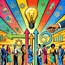 A pop-art style image depicting diverse figures collaborating in a workplace setting, symbolizing leadership, mentorship, and inclusivity. The design features vibrant, contrasting colors and elements like a lightbulb for ideas, arrows for progress, and interconnected hands to represent unity.