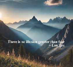 Sunrise over the French Alps with mountain peaks shaded in blue tones, a clear sky, and green grass in the foreground. The quote 'There is no illusion greater than fear' by Lao Tzu is displayed in elegant text, symbolizing personal growth and overcoming challenges.