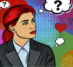 This image beautifully captures the essence of executive loneliness with a thoughtful and introspective depiction of a female CEO. The pop-art style is vibrant, and the inclusion of question marks and a heart icon subtly reflects the internal conflict and emotional complexities often faced by leaders at the top.